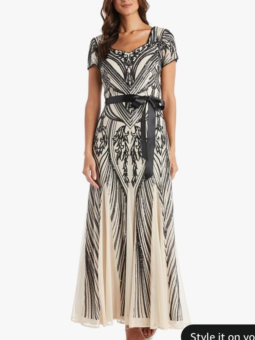R&M Richards Champagne/Black Sequin Mesh V-Neck Maxi Dress Size 14